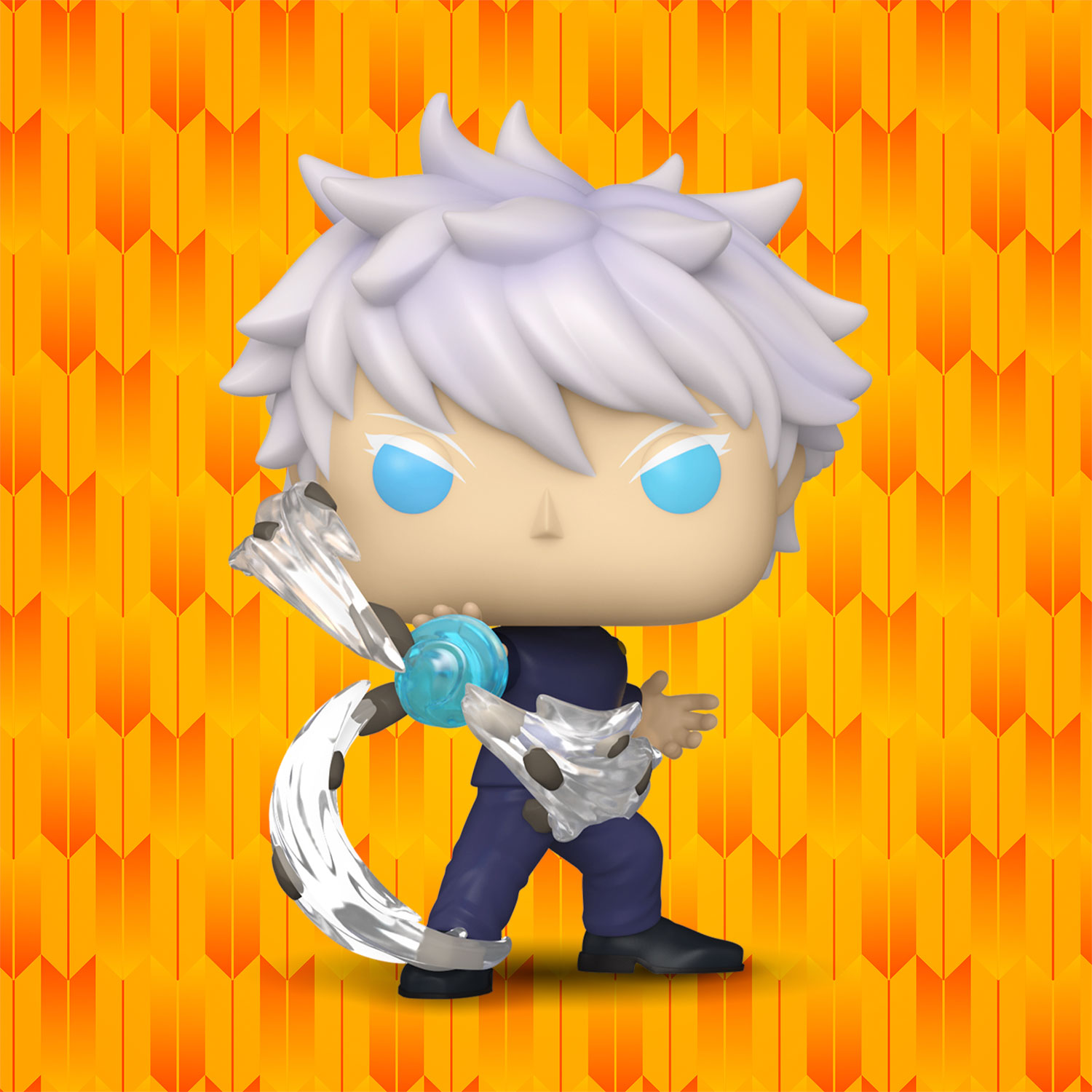 Red Orange pattern background featuring 85326 - Funko Jujutsu Kaisen Pop! Satoru Gojo (Cursed Technique Lapse: Blue)